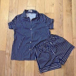 Blue and White Vertical Striped Loungewear Pajama Set